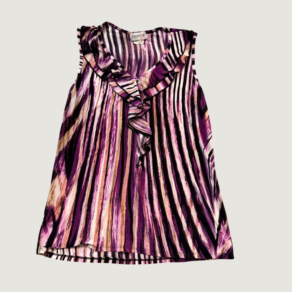 Georgia Rylie Ruffle Blouse Large Striped Sleeveless V-Neck Top‎ Purple Black